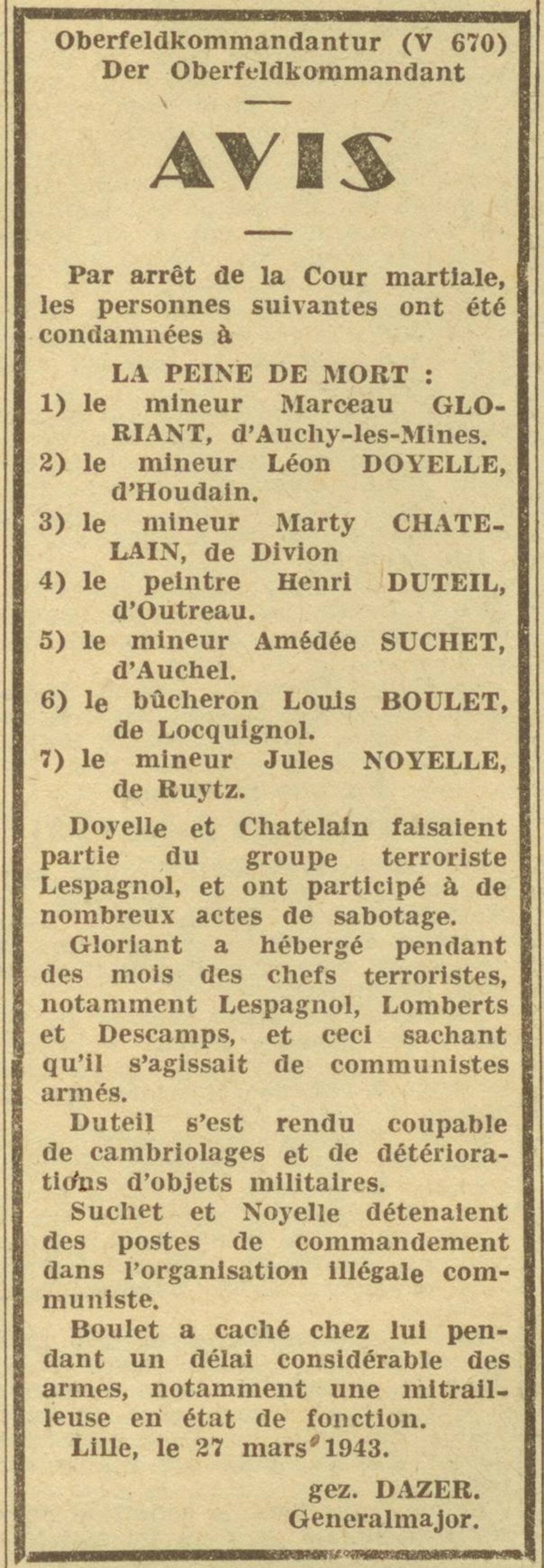 Avis extrait du journal du Roubaix du 29 mars 1943